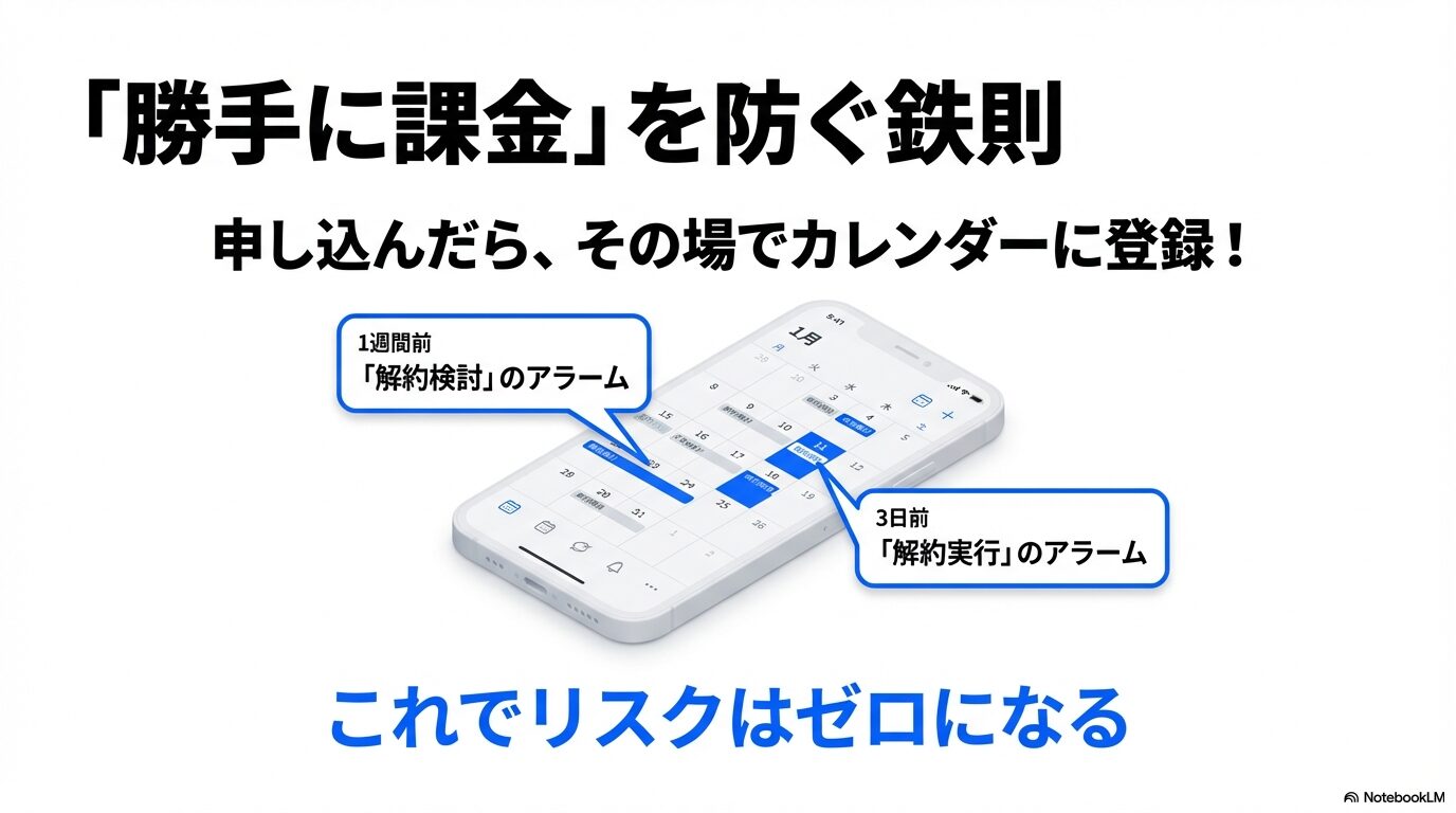 申し込み直後に、1週間前と3日前に「解約検討」「解約実行」のアラームをカレンダーに登録する手順を示したスマホ画面