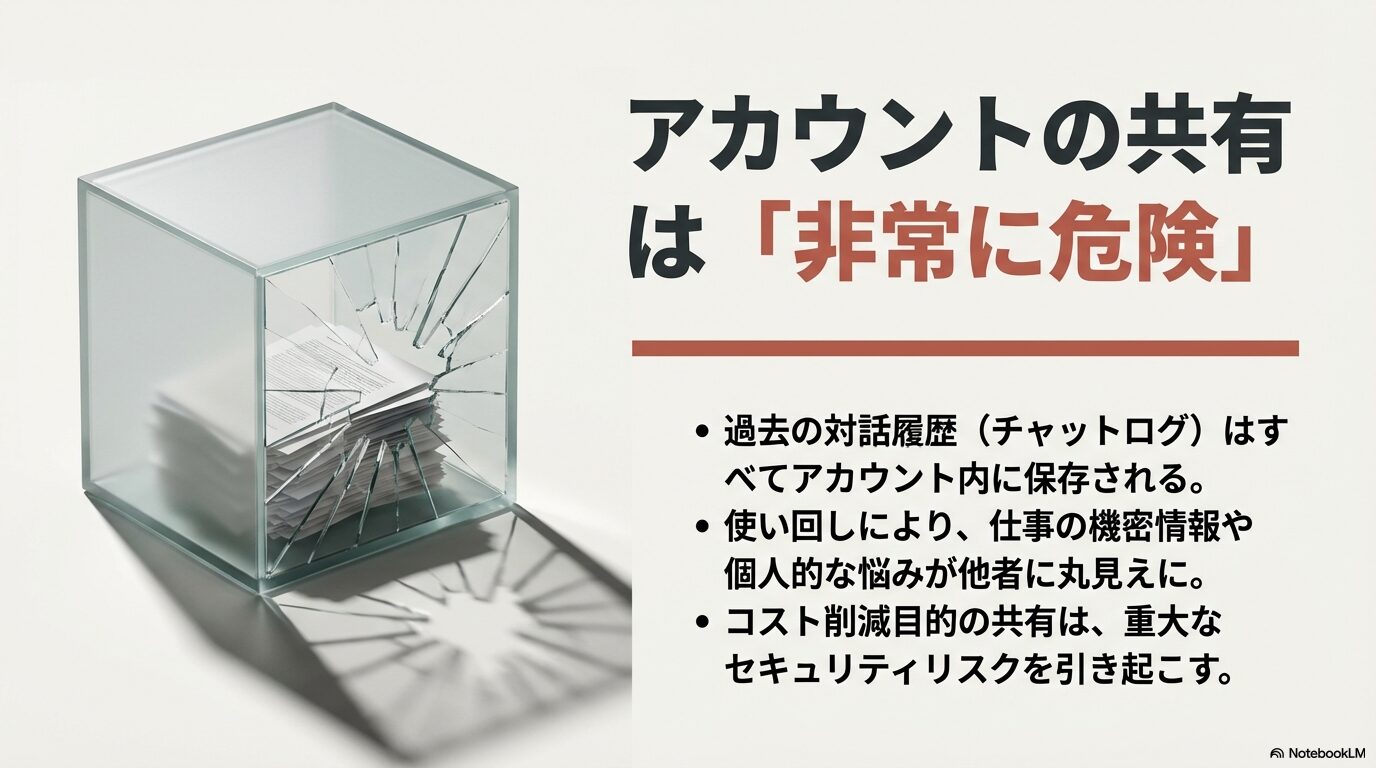 過去の対話履歴が丸見えになり情報漏洩のリスクを引き起こす、アカウント使い回しの危険性を警告するスライド