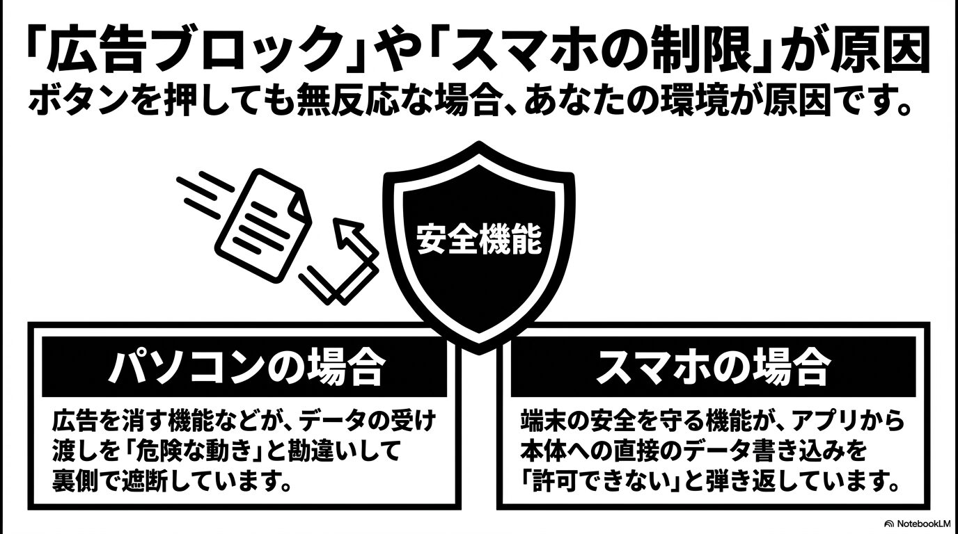 ボタンを押しても無反応な場合、「広告ブロック」や「スマホの制限」といった自分の環境が原因であることを示すスライド 。