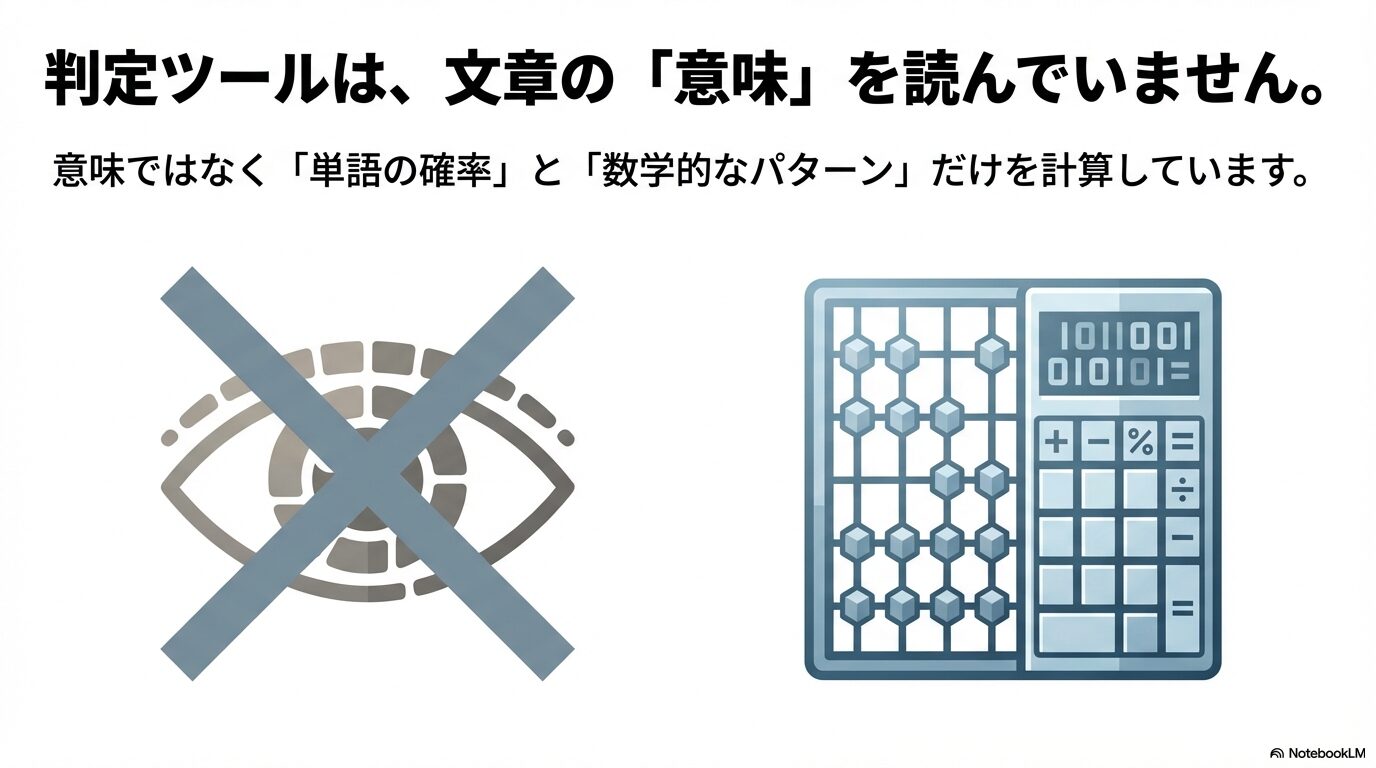 判定ツールは文章の意味ではなく、「単語の確率」と「数学的なパターン」だけを計算していることを示す図解 。