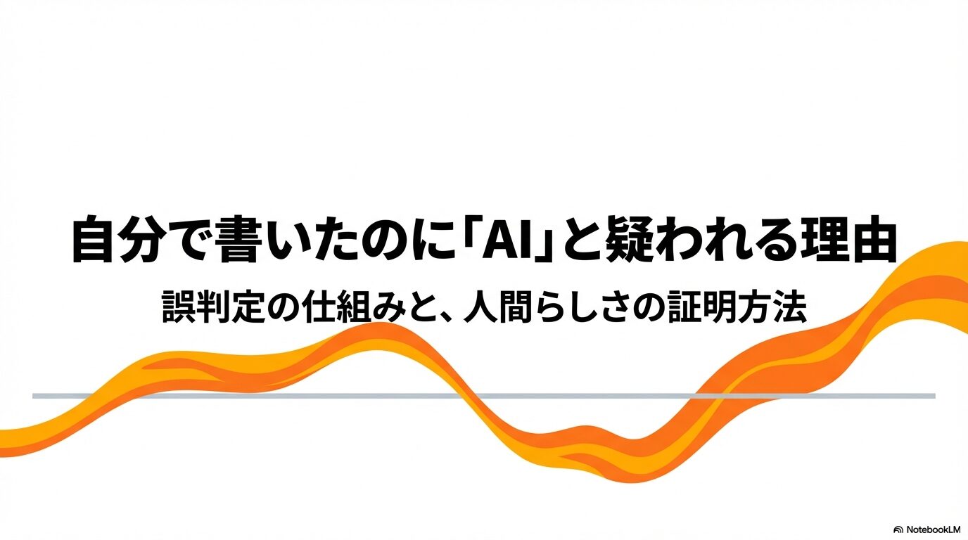 自分で書いたのに「AI」と疑われる理由と、誤判定の仕組みや人間らしさの証明方法を解説するタイトルスライド 。
