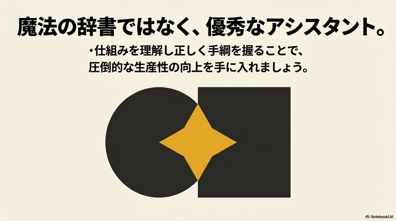 丸と四角が重なり星ができる図形とともに、生成AIは魔法の辞書ではなく優秀なアシスタントであり、仕組みを理解し正しく手綱を握ることで生産性向上を手に入れようと締めくくるスライド