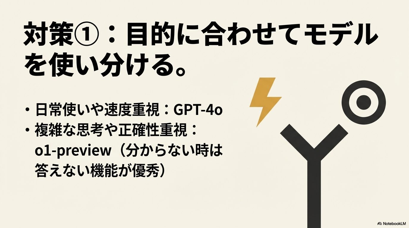 日常使いにはGPT-4o、複雑な思考には分からない時に答えないo1-previewなど、目的に合わせてモデルを使い分ける対策を説明した画像