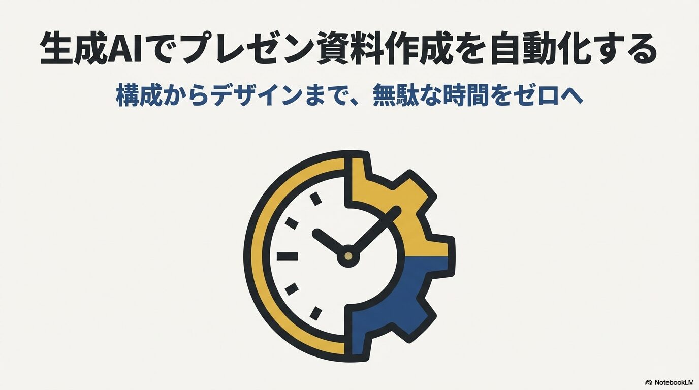 生成AIを活用してプレゼン資料作成を自動化し、構成からデザインまでの無駄な時間をゼロにするイメージ