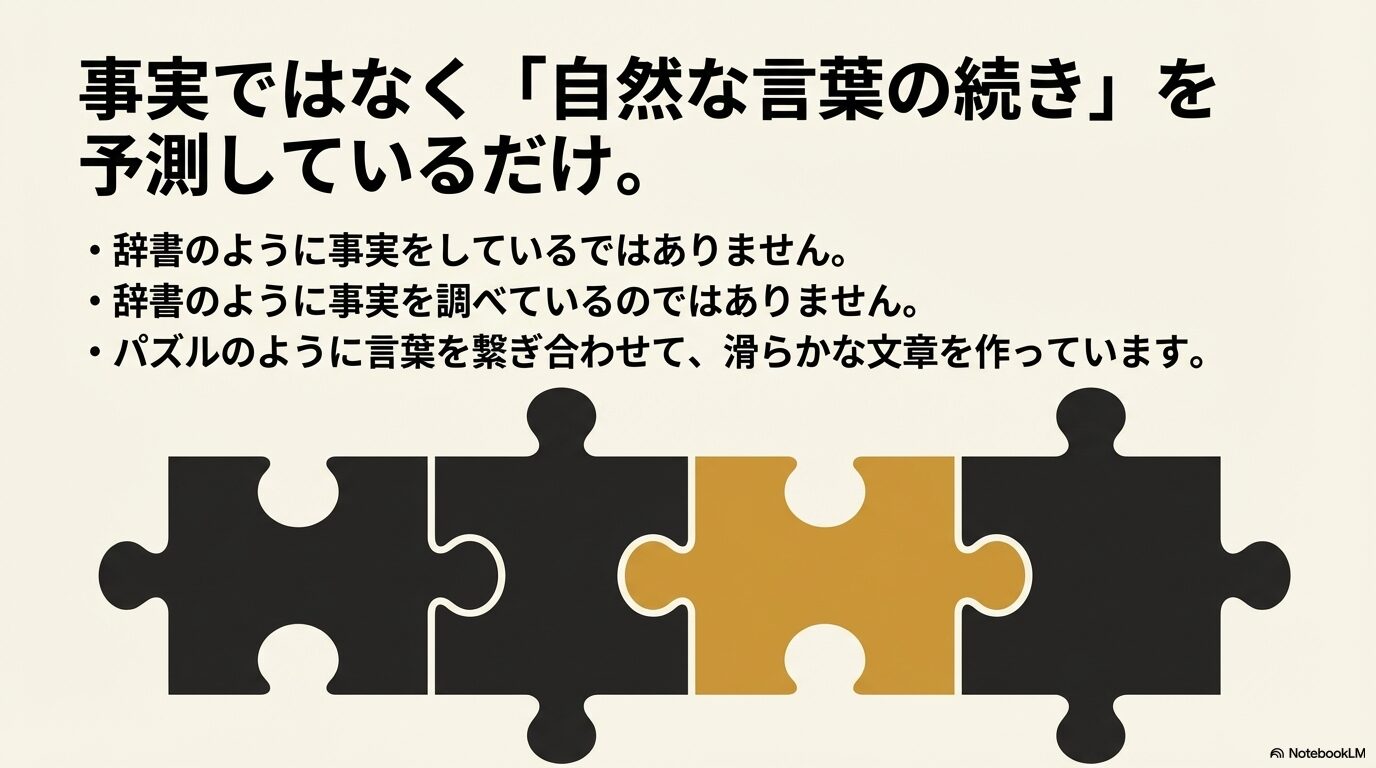 ジグソーパズルのイラストとともに、AIは辞書のように事実を調べるのではなく、パズルのように言葉を繋ぎ合わせて滑らかな文章を作っていることを解説する画像