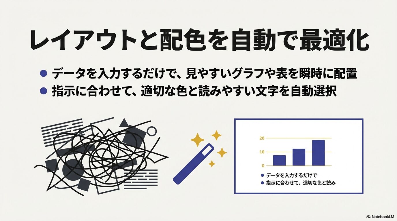 データを入力するだけで見やすいグラフや表を瞬時に配置し、指示に合わせて適切な色と読みやすい文字を自動選択して最適化する機能