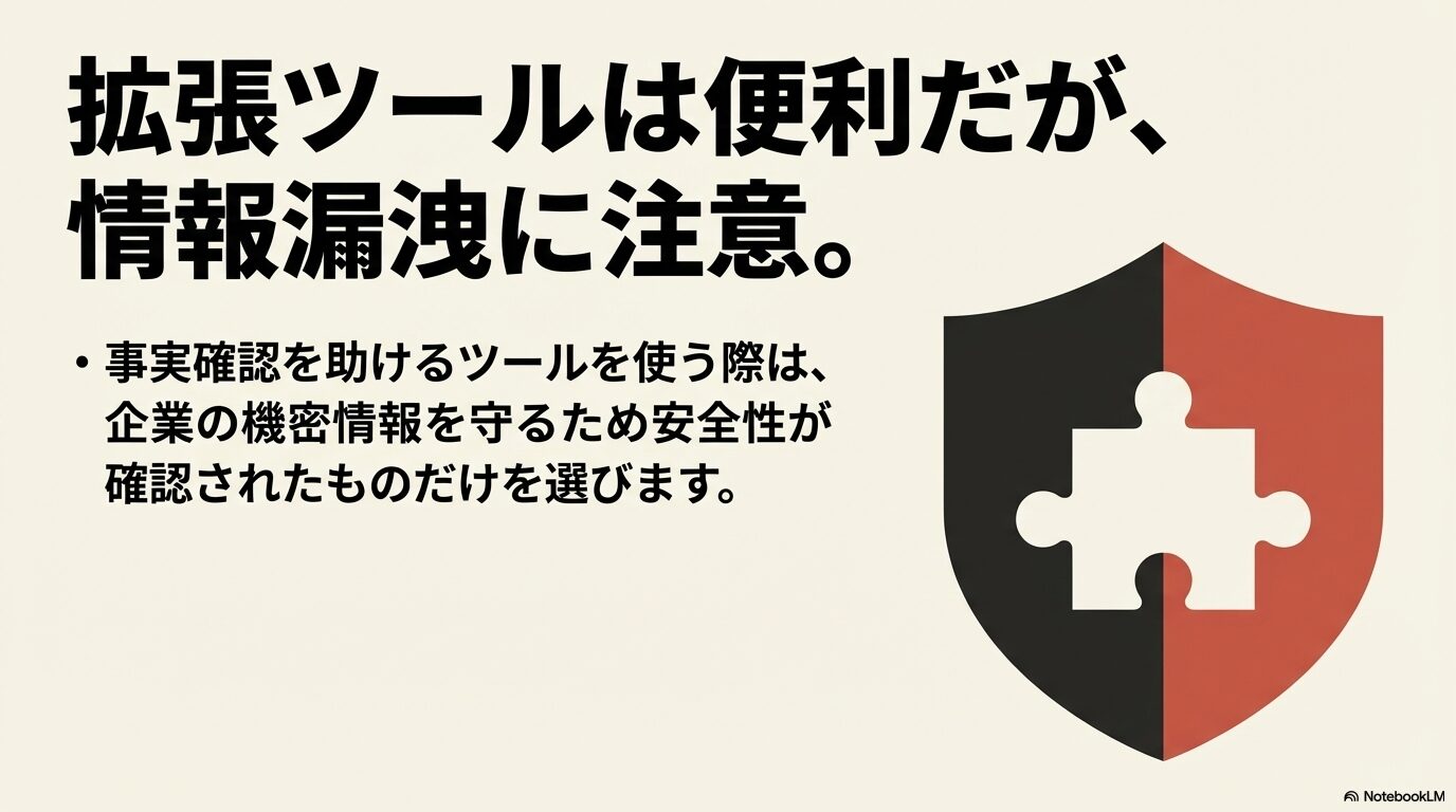 盾とパズルのピースのアイコン。事実確認を助けるツールを使う際は、企業の機密情報を守るため安全性が確認されたものだけを選ぶよう注意喚起するスライド