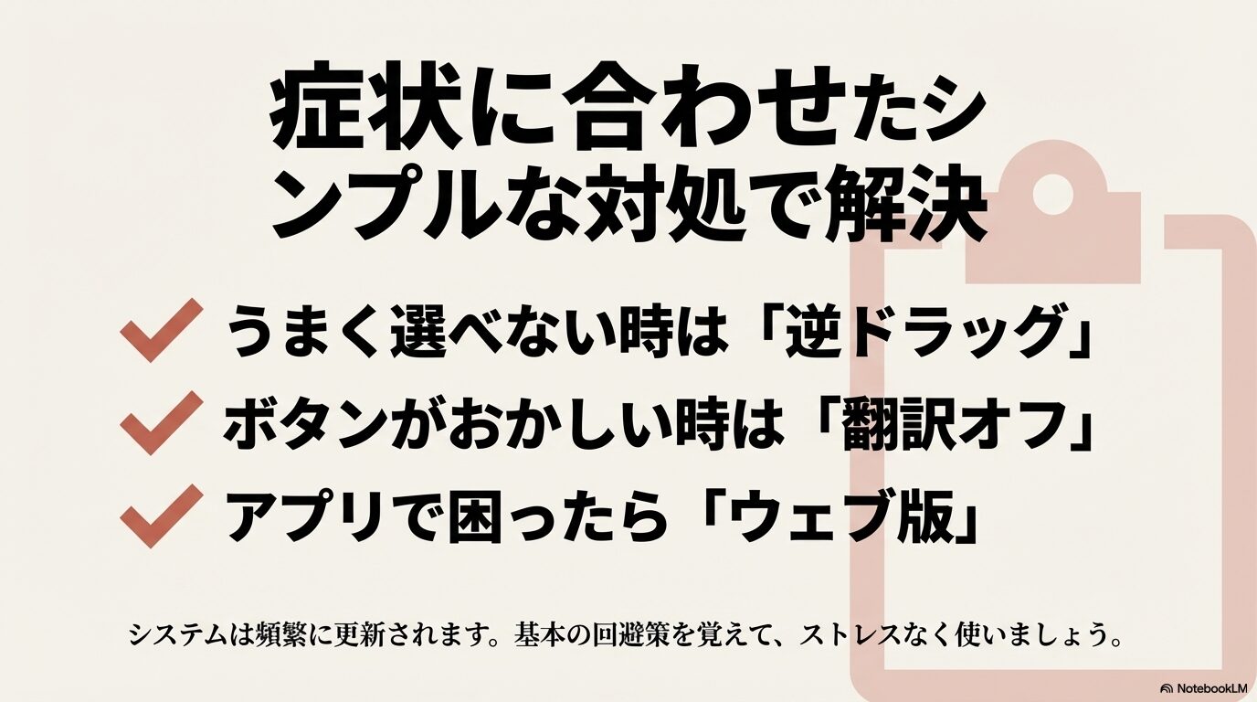 逆ドラッグ、翻訳オフ、ウェブ版利用などの基本回避策をまとめた結論スライド。システム更新による不具合に備えて、基本の回避策を覚えてストレスなく使うことを推奨。