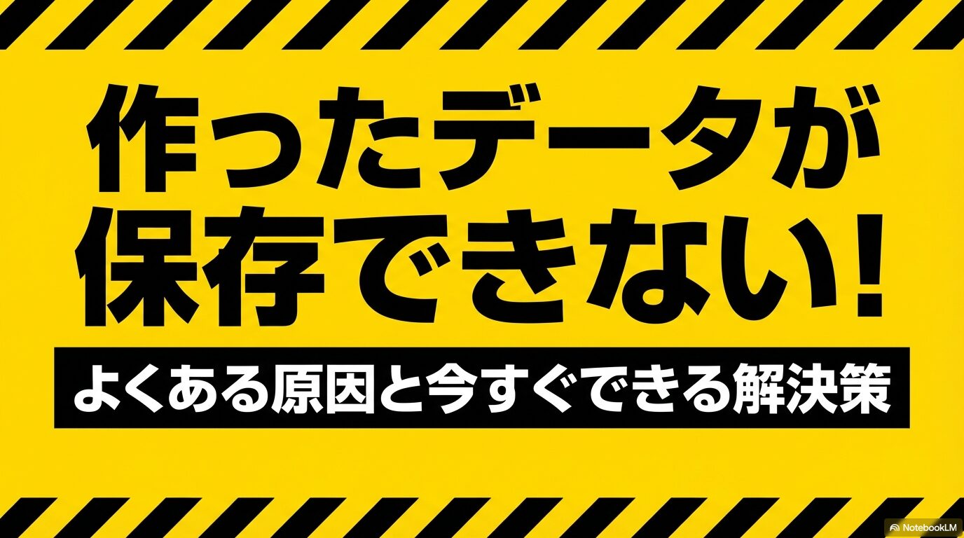 「作ったデータが保存できない!」というタイトルと、「よくある原因と今すぐできる解決策」について記載されたスライド 。