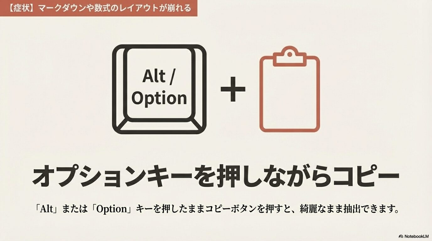 Alt/Optionキーとクリップボードのアイコン。マークダウンや数式のレイアウトが崩れる症状を防ぐため、オプションキーを押しながらコピーボタンを押して綺麗に抽出する方法を説明。
