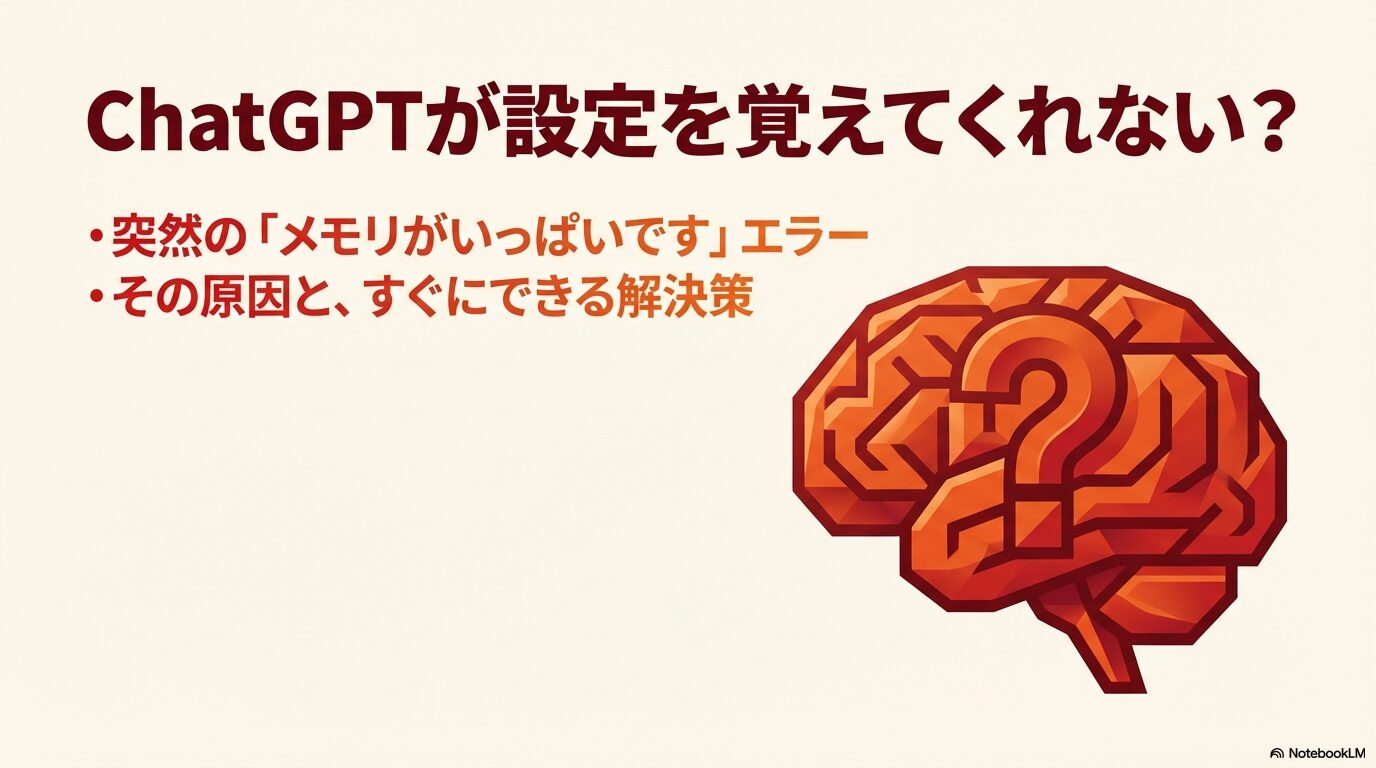 脳の形をしたパズルにクエスチョンマークが描かれたイラスト。ChatGPTが設定を覚えてくれないエラーの原因と解決策を表現。