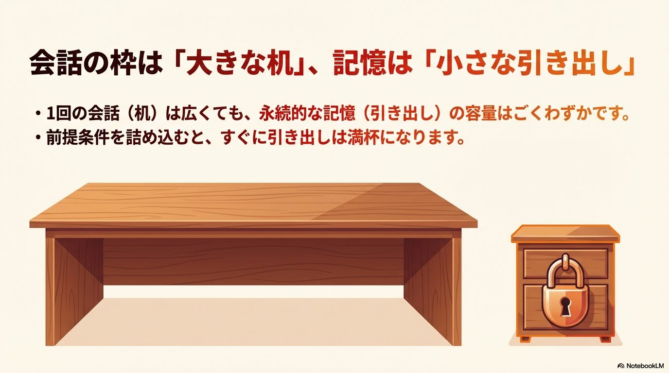 大きな木製の机と、鍵のかかった小さな引き出しのイラスト。1回の会話で読み込める広さと、永続的な記憶の容量の少なさを対比。