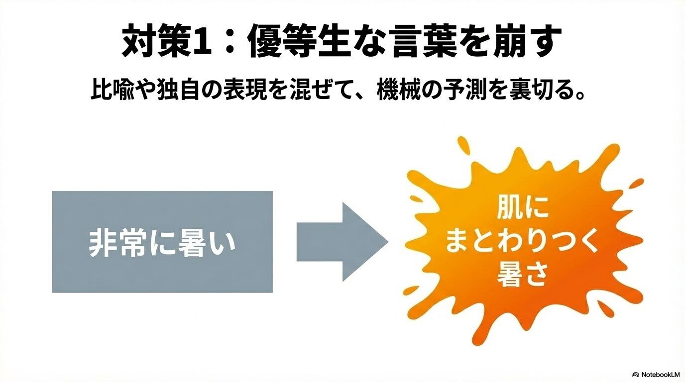対策1として「優等生な言葉を崩す」ことを挙げ、「非常に暑い」を「肌にまとわりつく暑さ」と言い換えるなど比喩や独自の表現を混ぜる例 。