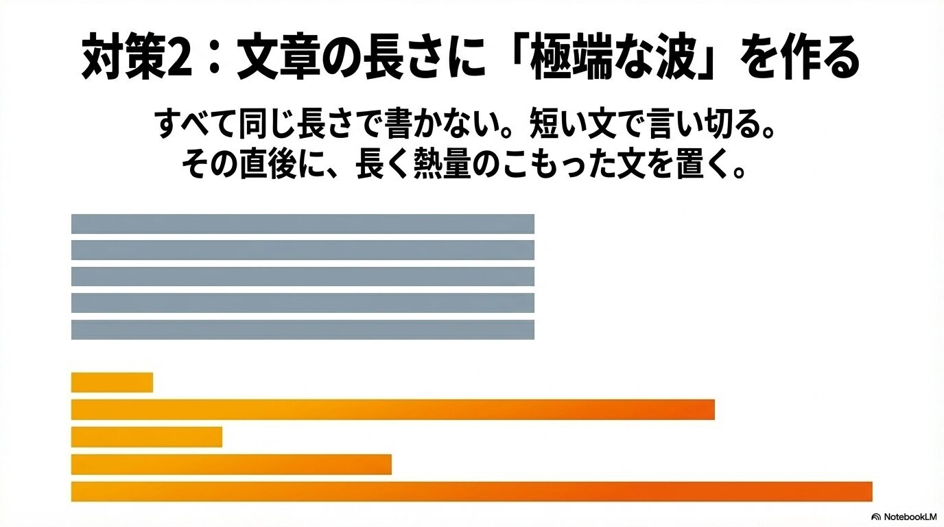 対策2として文章の長さに「極端な波」を作り、短い文の直後に長い文を置く手法の解説 。