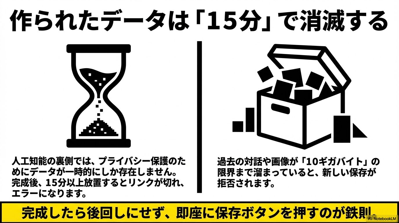 作られたデータは「15分」で消滅するため、完成したら後回しにせず即座に保存ボタンを押すのが鉄則だと説明するスライド 。
