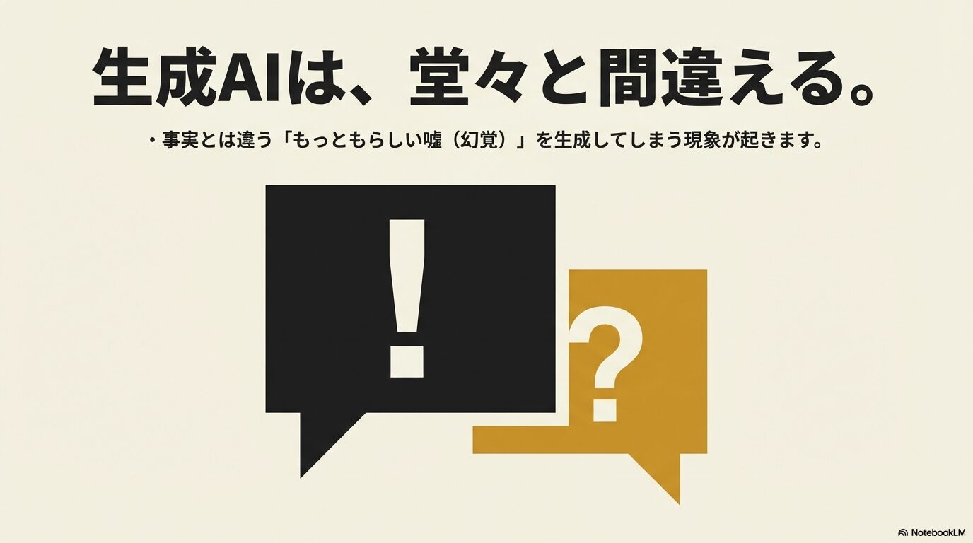 吹き出しのアイコンとともに「生成AIは堂々と間違える」「事実とは違う嘘（幻覚）を生成する現象が起きる」と説明しているスライド