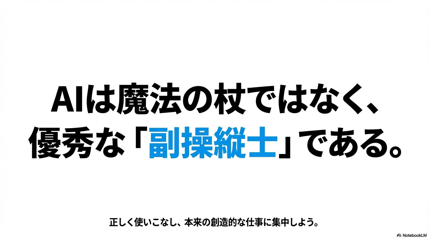 AIは魔法の杖ではなく、優秀な副操縦士であるというメッセージスライド 。AIを正しく使いこなし、人間は本来の創造的な仕事に集中しようと締めくくっている 。