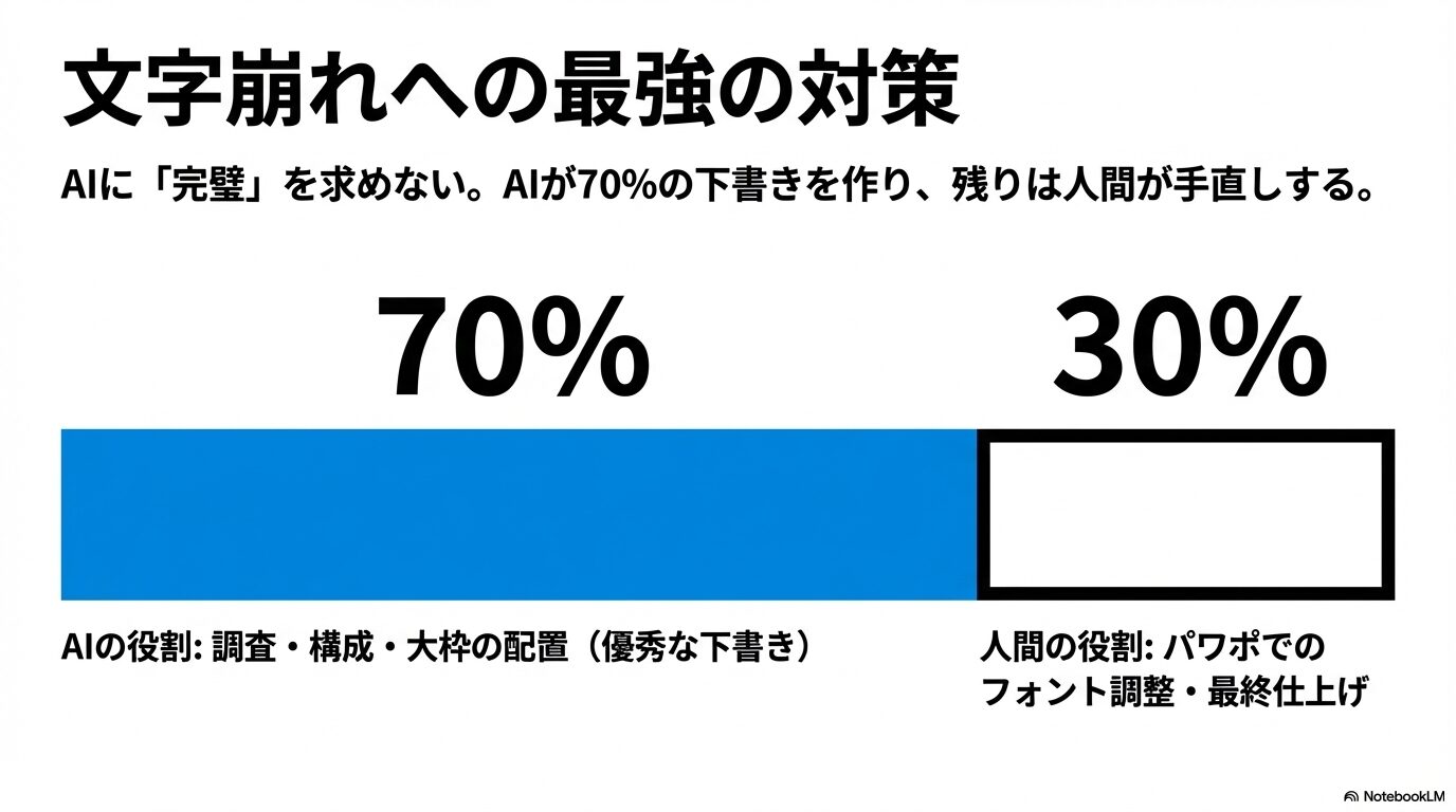 文字崩れへの最強の対策として、AIに完璧を求めないことを推奨するスライド 。調査・構成・大枠の配置という優秀な下書きの70%をAIが担い 、残りの30%にあたるパワポでのフォント調整や最終仕上げを人間が手直しするという役割分担を示している 。