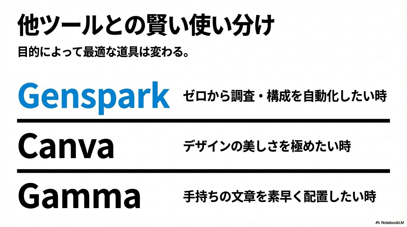 目的によって最適な道具は変わるとして、他ツールとの賢い使い分けをまとめた図表 。ゼロから調査と構成を自動化したい時はGenspark 、デザインの美しさを極めたい時はCanva 、手持ちの文章を素早く配置したい時はGamma を推奨している。