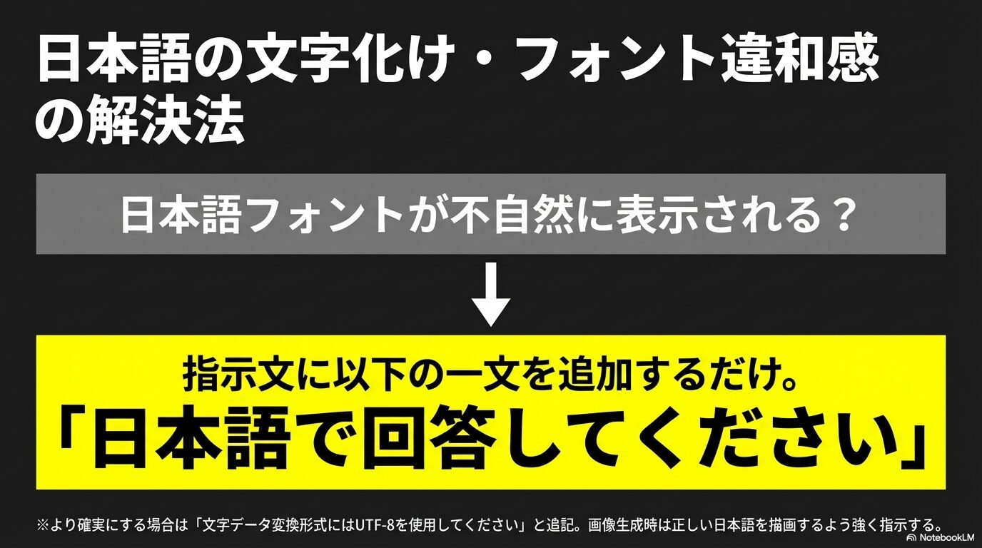 日本語フォントの不自然な表示を直すため、指示文に「日本語で回答してください」と追加する解決法