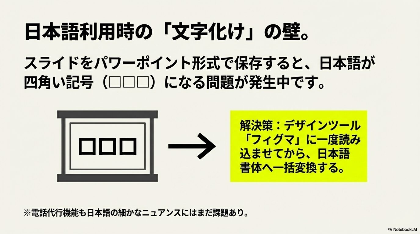 スライドをパワーポイント形式で保存した際に発生する日本語の文字化け問題と、デザインツールFigmaを使って一括変換する解決策を説明するスライド
