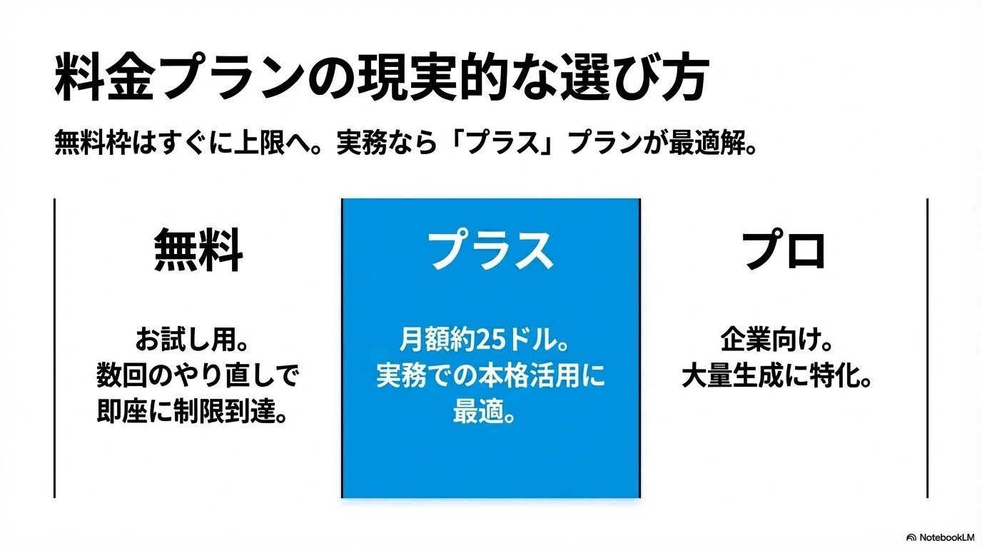 Gensparkの料金プランの現実的な選び方を解説した比較表 。無料枠は数回のやり直しですぐに制限に到達するためお試し用であること 、実務には月額約25ドルのプラスプランが最適であること 、プロプランは企業向けで大量生成に特化していること をまとめている。