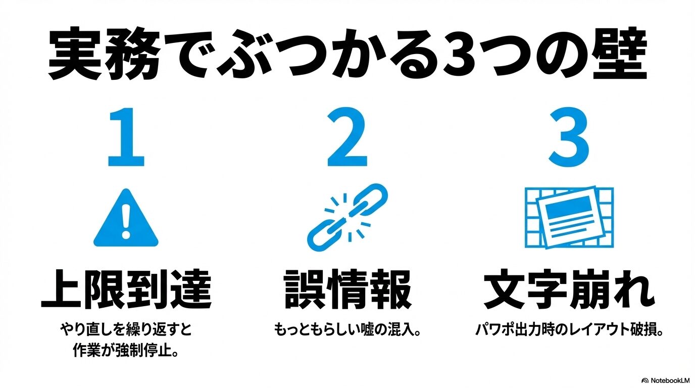 AIスライド作成の実務で発生しやすい3つの壁を示す注意喚起のスライド 。やり直しによる上限到達での作業の強制停止 、もっともらしい嘘が混入する誤情報 、パワポ出力時のレイアウト破損である文字崩れ について挙げている。