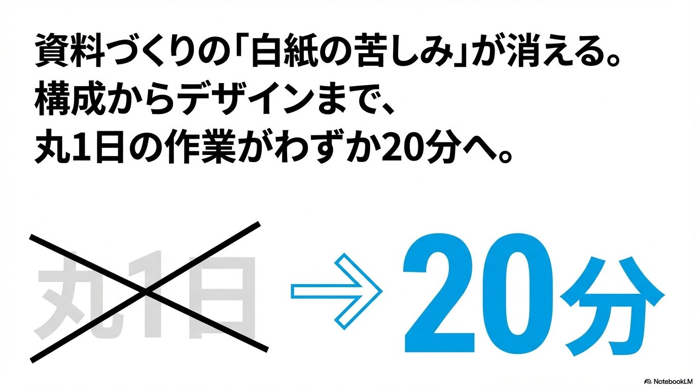資料づくりの白紙の苦しみが消えることを伝えるスライド 。構成からデザインまでの丸1日の作業が、わずか20分へと短縮されることを示している図解 。