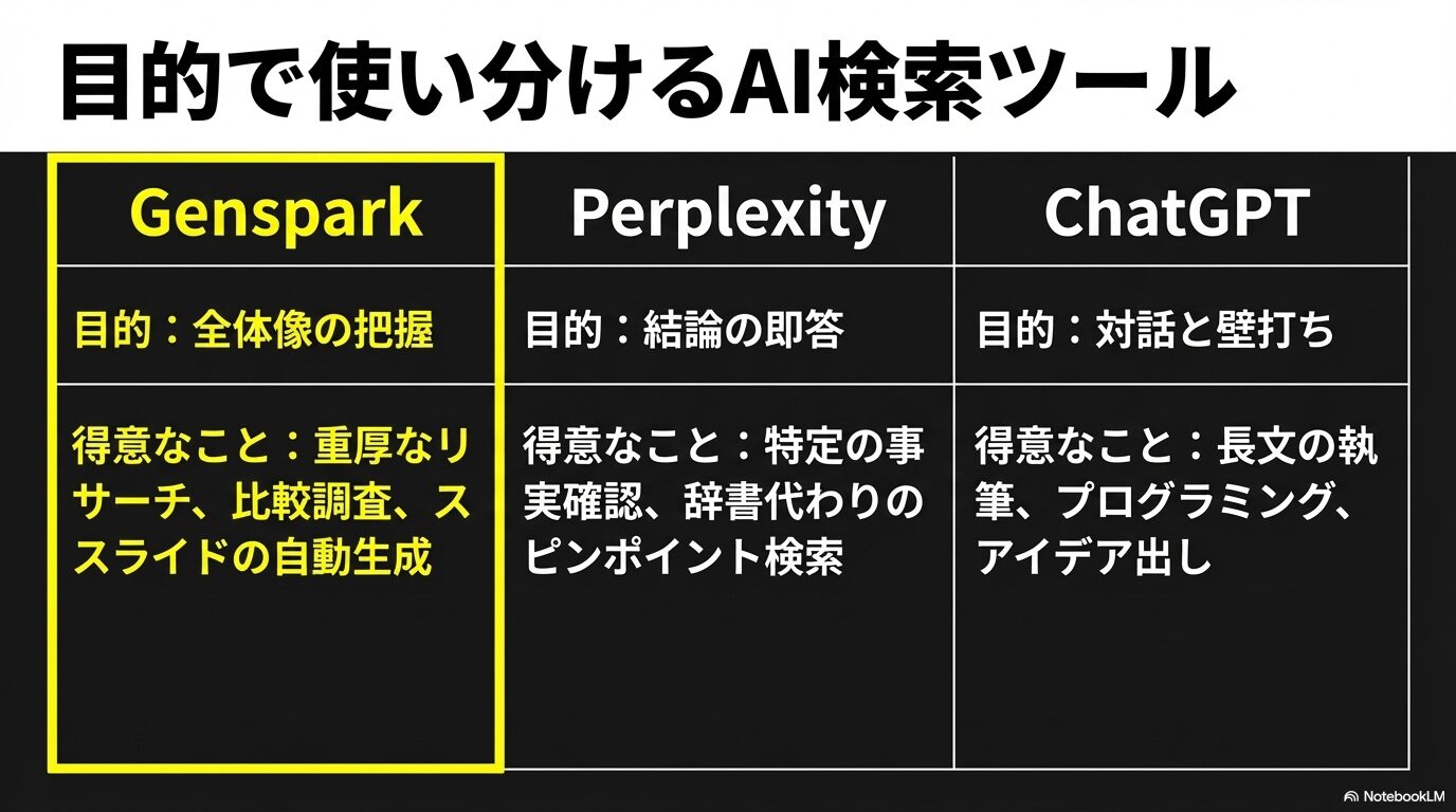 Genspark、Perplexity、ChatGPTを「目的」と「得意なこと」で比較した一覧表