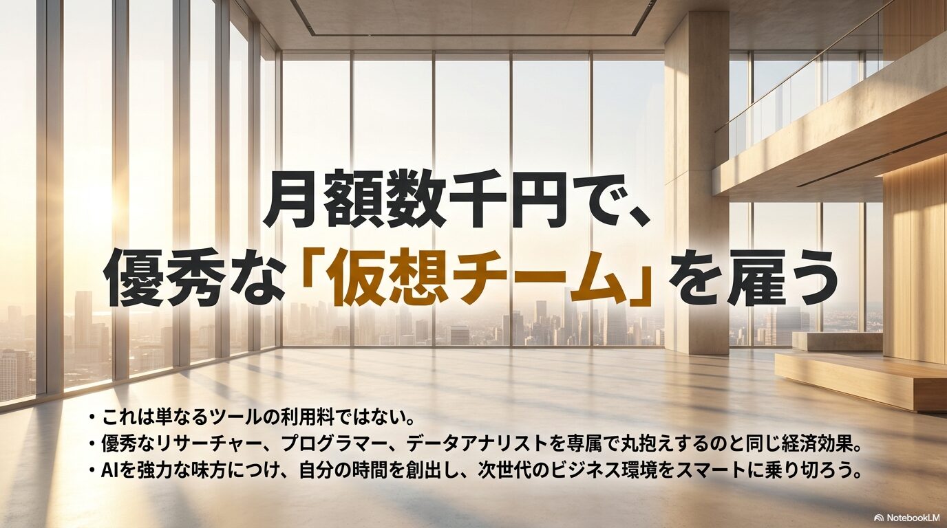 ChatGPTへの課金を単なるツール代ではなく、優秀なリサーチャーなどの仮想チームを丸抱えする経済効果に例えた結論スライド