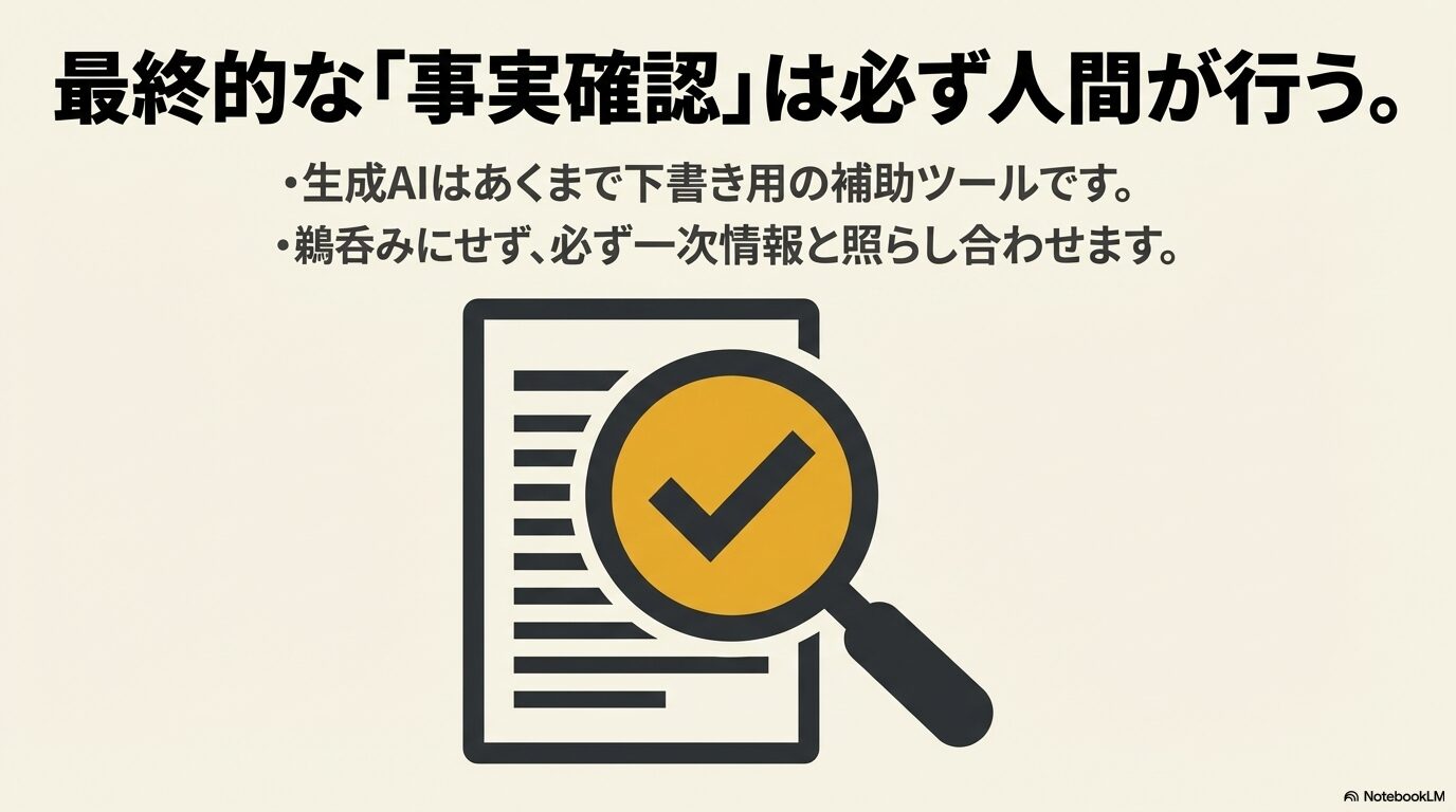 書類と虫眼鏡のアイコン。生成AIはあくまで下書き用の補助ツールであり、最終的な事実確認は必ず人間が一次情報と照らし合わせて行うべきであることを伝える画像