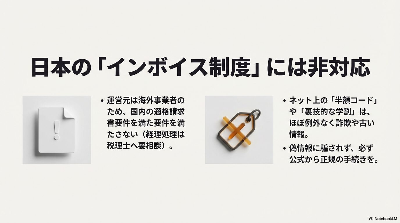 海外事業者であるため日本のインボイス制度に非対応であることと、ネット上の偽の割引情報・詐欺への注意喚起