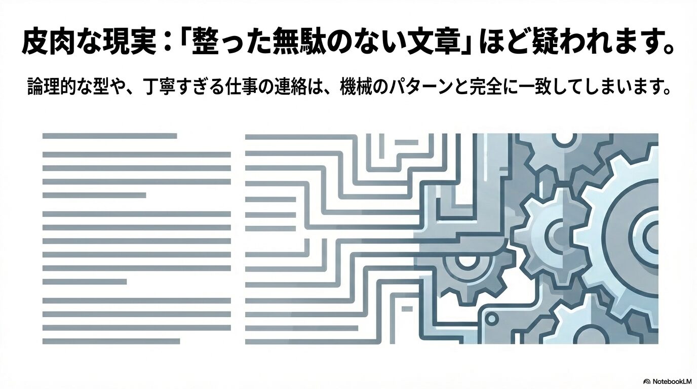皮肉な現実として、論理的な型や丁寧すぎる連絡など「整った無駄のない文章」ほど機械のパターンと一致し疑われることを表す図 。