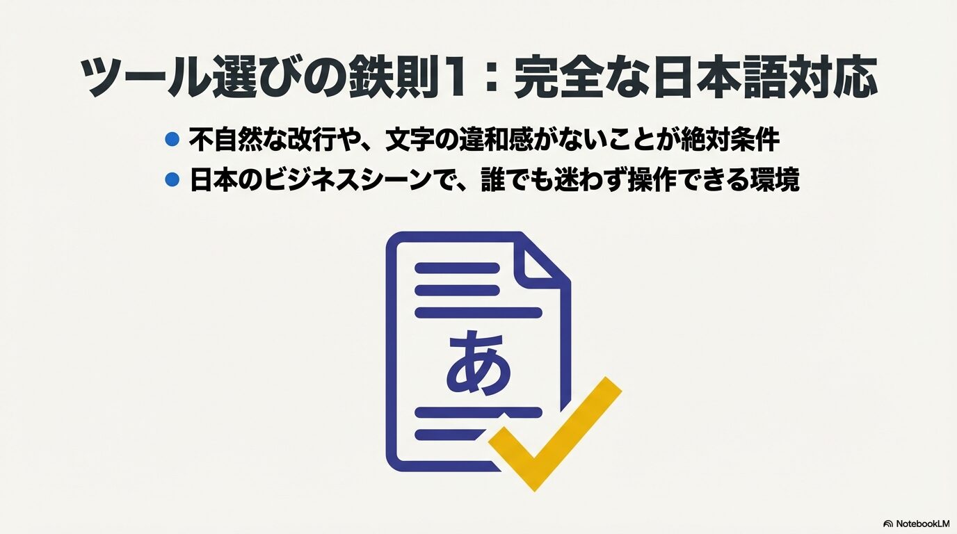 不自然な改行や文字の違和感がなく、日本のビジネスシーンで誰でも迷わず操作できる完全な日本語対応ツールの重要性