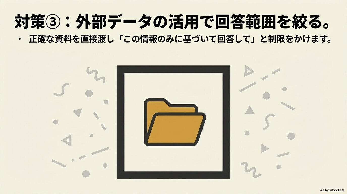 フォルダのアイコンとともに、正確な資料を直接渡して「この情報のみに基づいて回答して」と回答範囲を制限する対策を解説するスライド