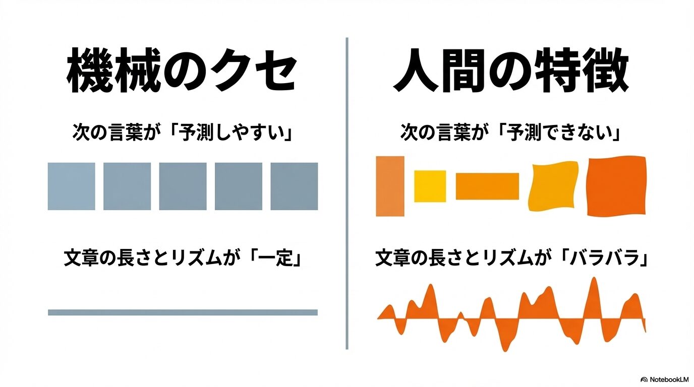 機械のクセである「予測しやすい」言葉や「一定」のリズムと、人間の特徴である「予測できない」言葉や「バラバラ」なリズムの波形比較 。