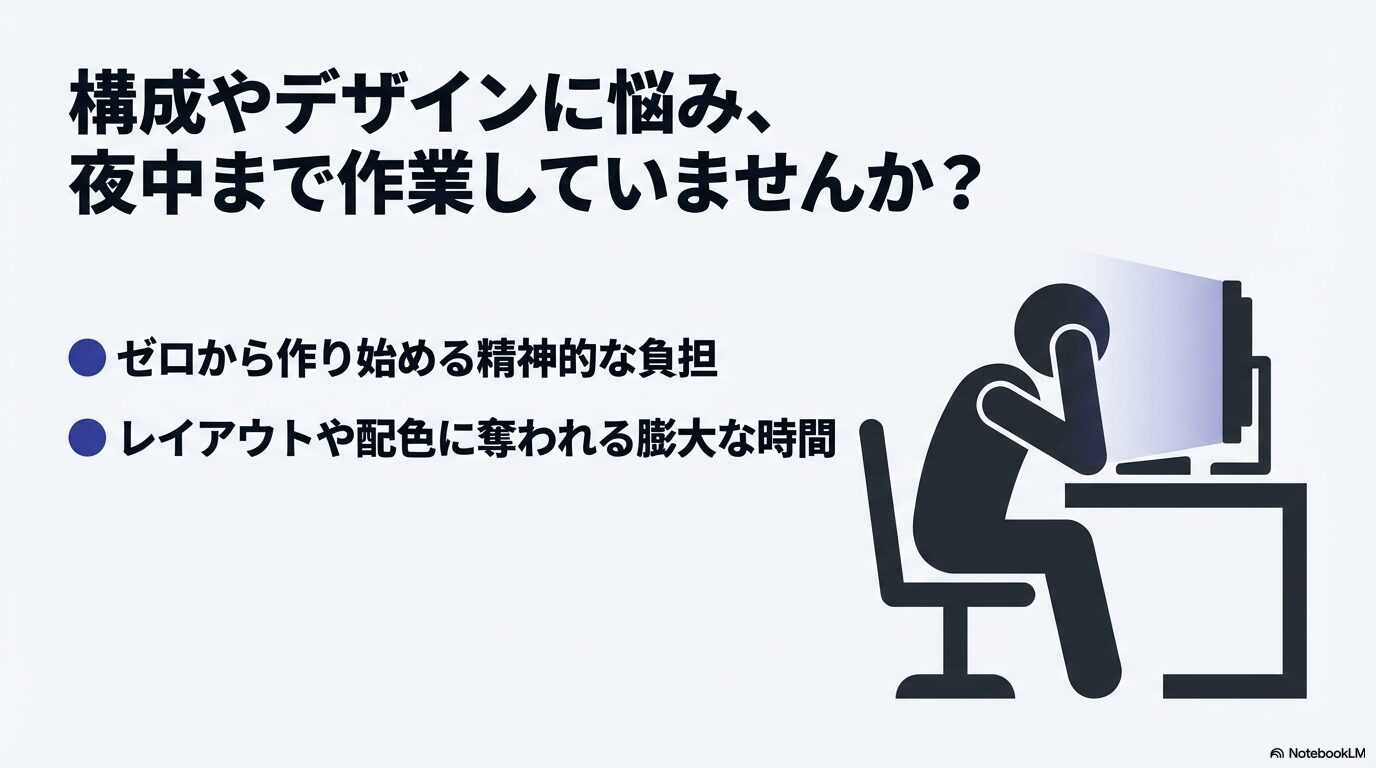 プレゼンの構成やデザインに悩み、ゼロから作り始める精神的な負担やレイアウトに時間を奪われて夜中まで作業している人のシルエット