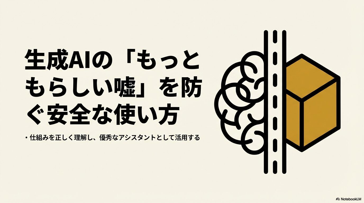 生成AIの「もっともらしい嘘」を防ぎ、仕組みを正しく理解して優秀なアシスタントとして活用するための安全な使い方を示すイメージ画像