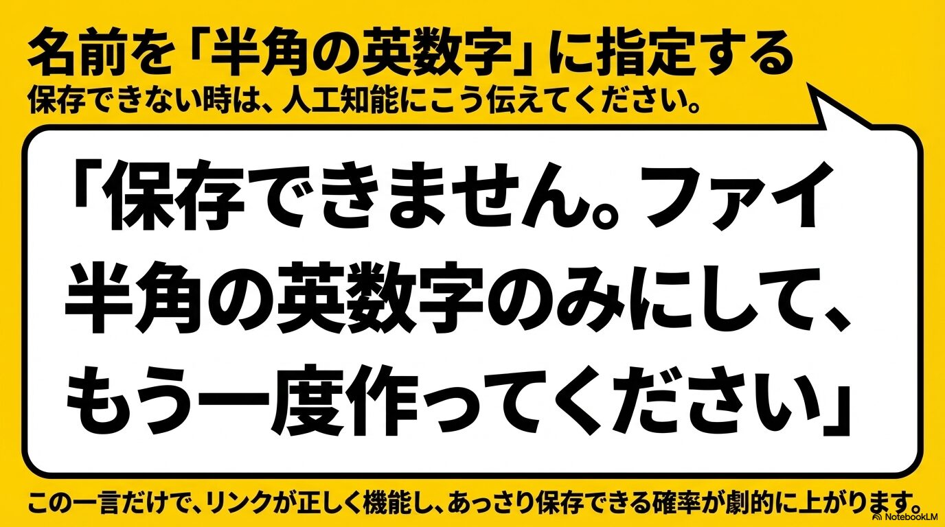 保存できない時は、名前を「半角の英数字」のみにしてもう一度作ってと指示することで確率が上がるという解決策のスライド 。