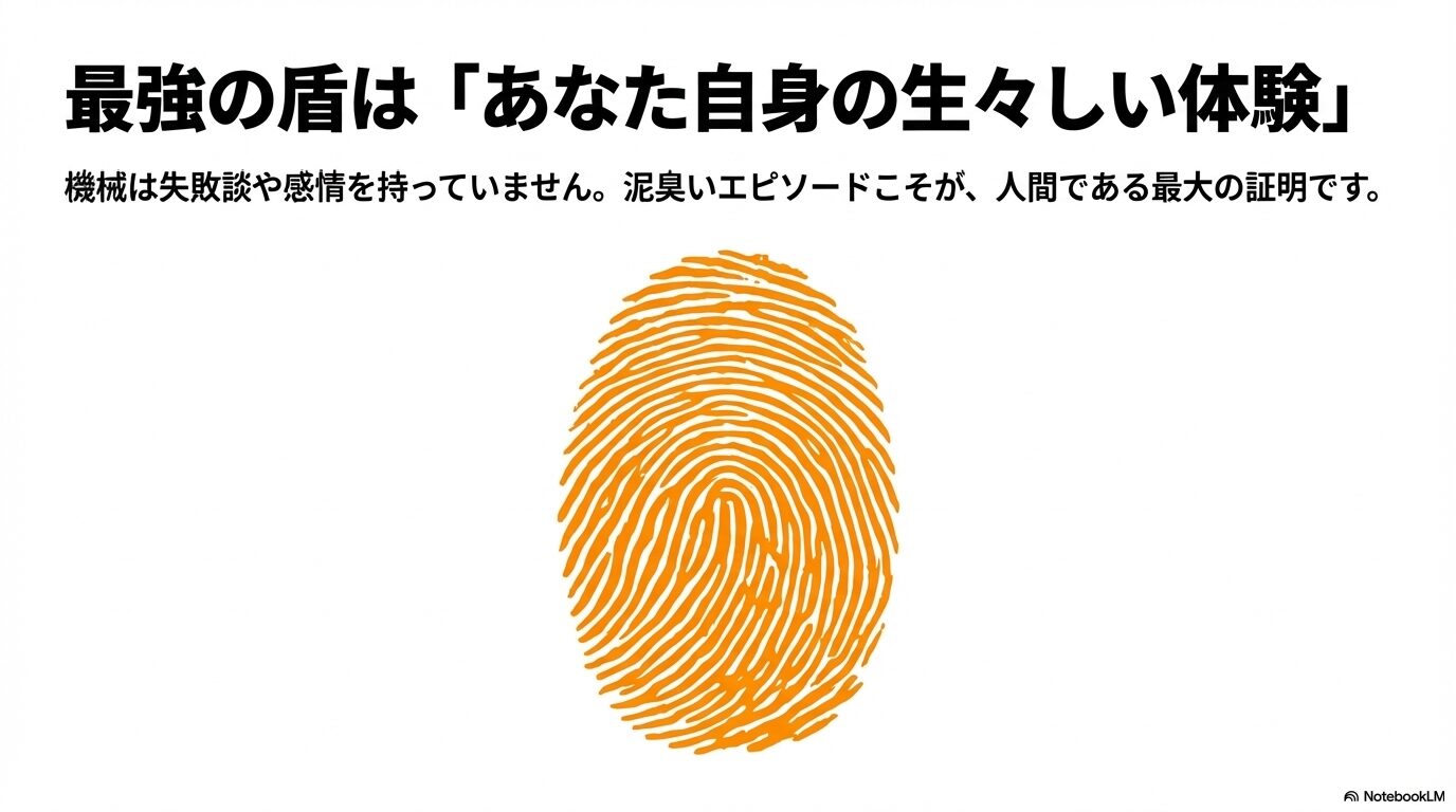 最強の盾は自分自身の生々しい体験であり、機械が持たない失敗談や感情などの泥臭いエピソードが人間の証明になるという解説 。