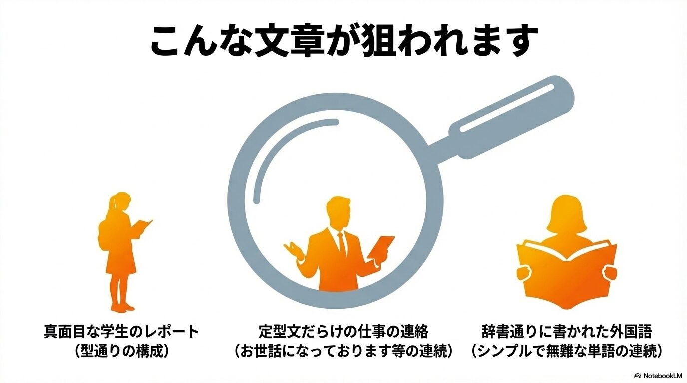 真面目な学生のレポートや定型文だらけの仕事の連絡、辞書通りに書かれた外国語など、狙われやすい文章の例 。