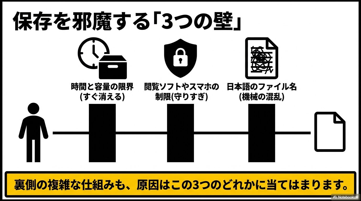 保存を邪魔する「3つの壁」として、「時間と容量の限界」「閲覧ソフトやスマホの制限」「日本語のファイル名」を挙げたスライド 。