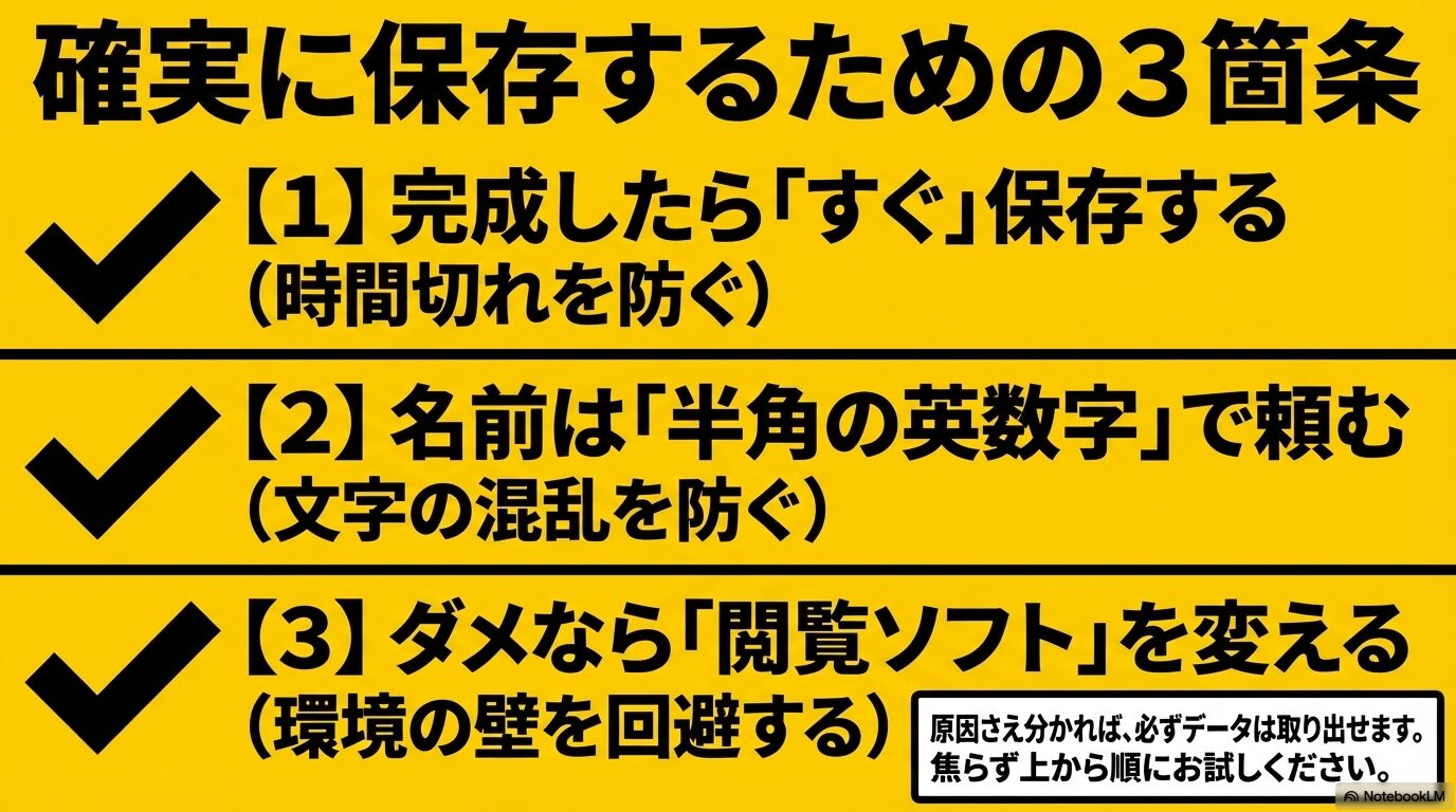 確実に保存するための3箇条(すぐ保存する、半角英数字で頼む、閲覧ソフトを変える)をまとめたスライド 。