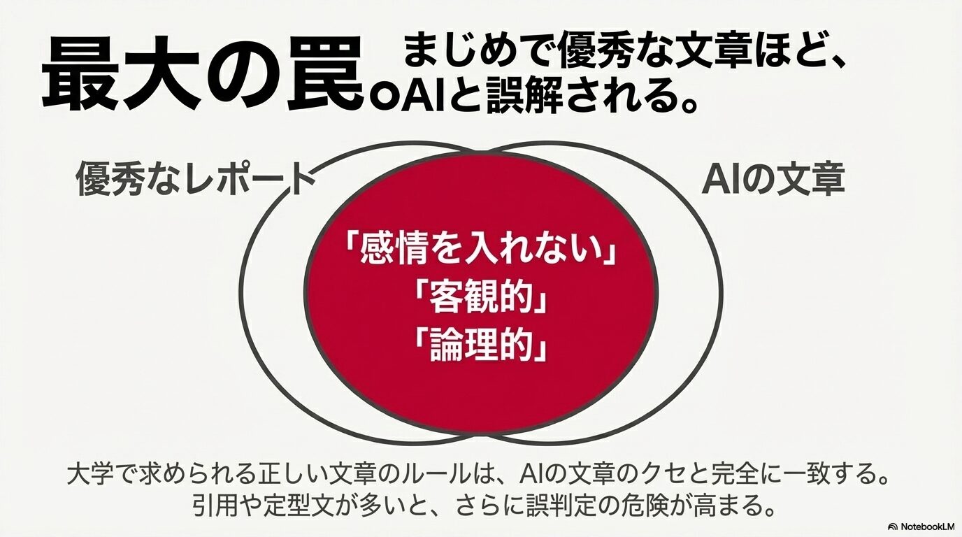 優秀なレポートとAIの文章は「感情を入れない」「客観的」「論理的」という要素が一致しており、誤判定の罠になりやすいことを示すベン図