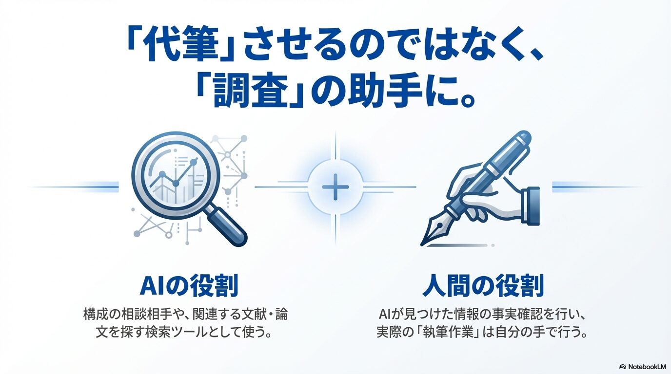 AIに代筆させるのではなく調査の助手として使い、事実確認と実際の執筆作業は人間が行うという役割分担を示した図