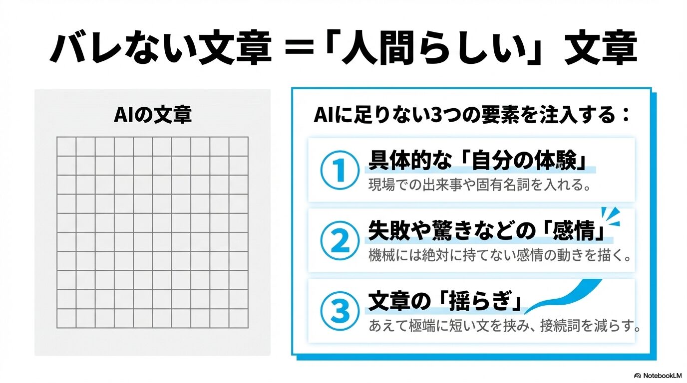 AIに足りない要素として、具体的な自分の体験、失敗などの感情、文章の揺らぎの3つを注入すべきと解説した図