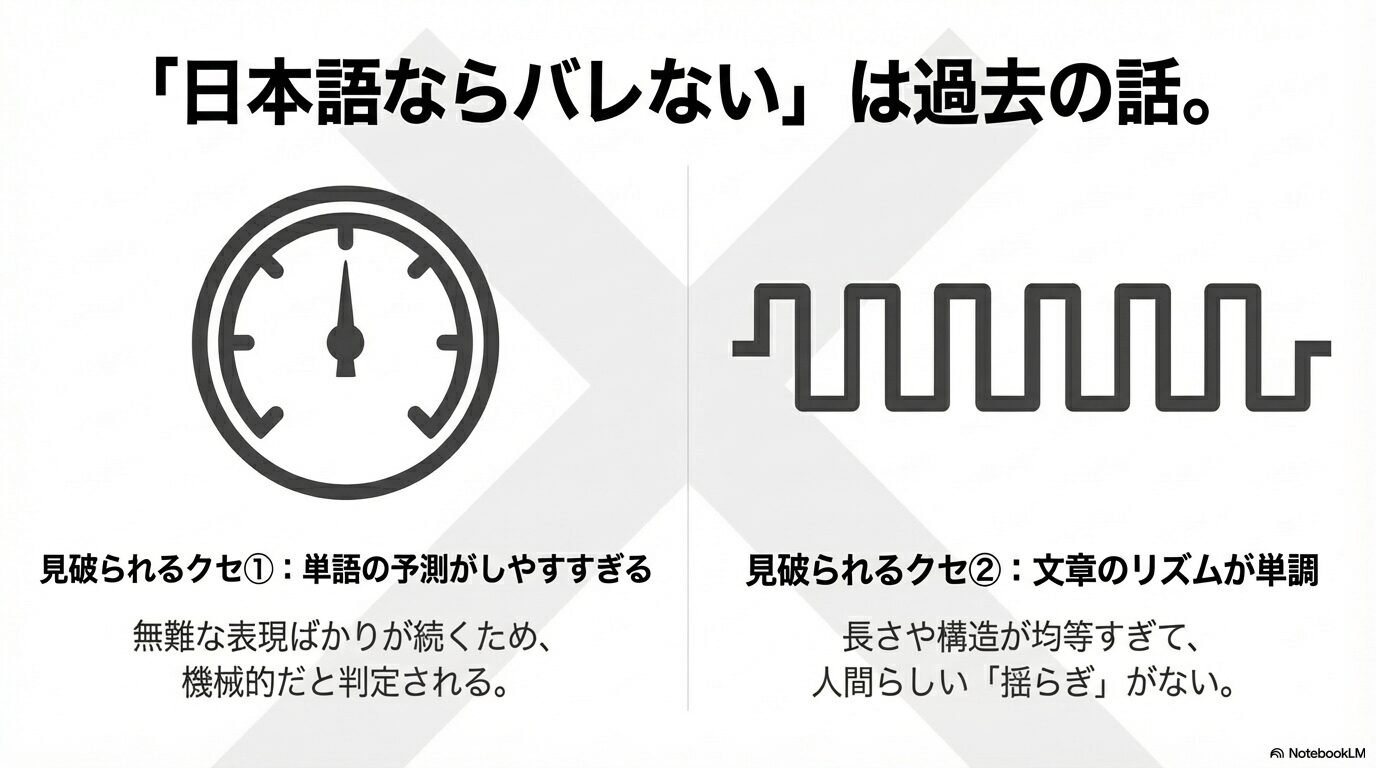 日本語のAI文章が見破られるクセとして、単語の予測がしやすすぎる点と、文章のリズムが単調である点を解説した図