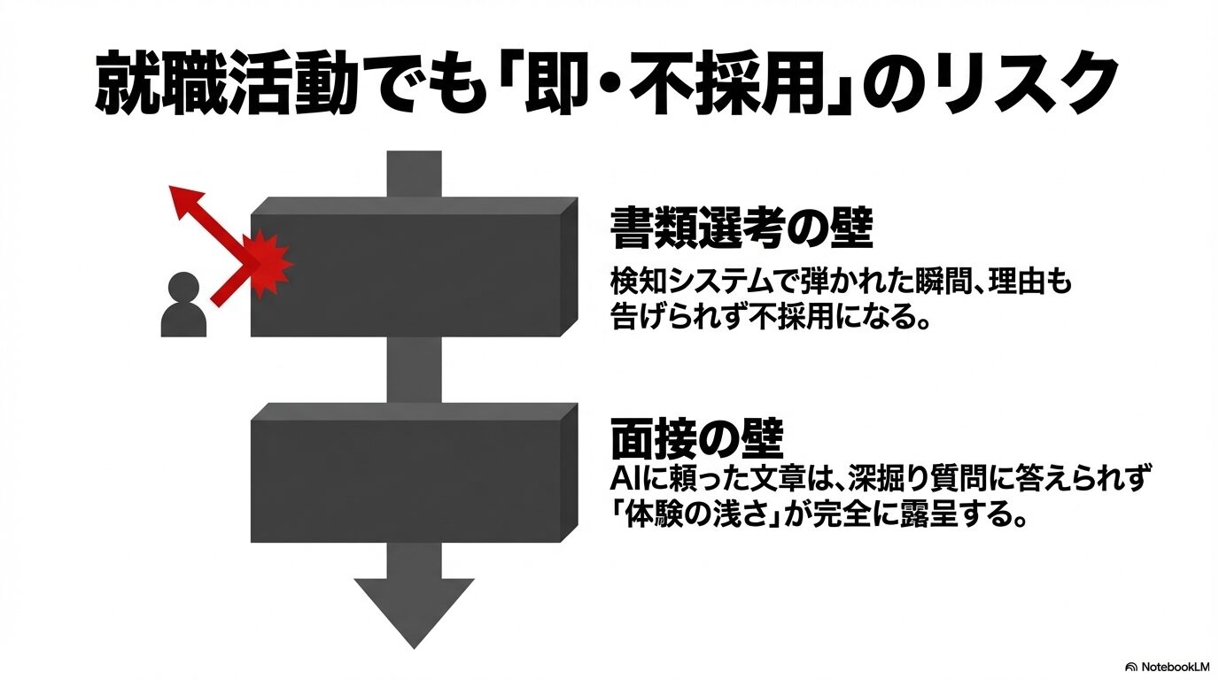 就職活動でも書類選考での不採用や、面接での深掘りによって体験の浅さが露呈するリスクがあることを示した図