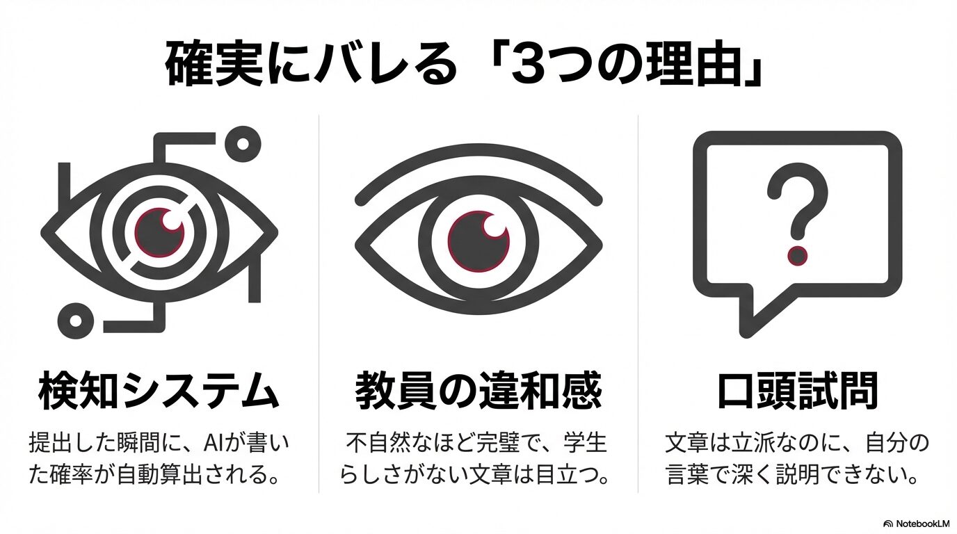 AIレポートがバレる理由として「検知システム」「教員の違和感」「口頭試問」の3つを挙げた図解