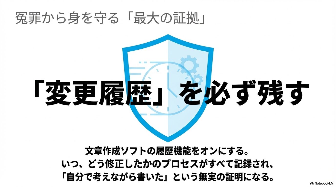 AIの冤罪から身を守る最大の証拠として、文章作成ソフトの変更履歴を必ず残すことを推奨する図解
